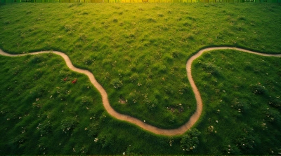 Aerial View Dense Lawn With Wildflowers And Paths