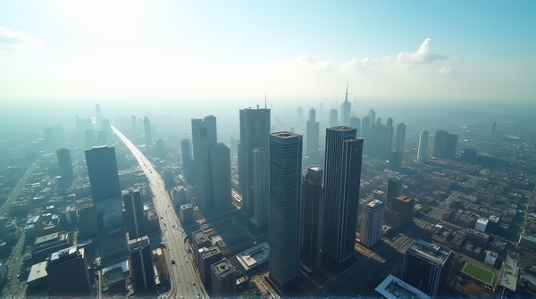 Drone shot showing clustered high-rise office buildings and complex street intersections under clear sky