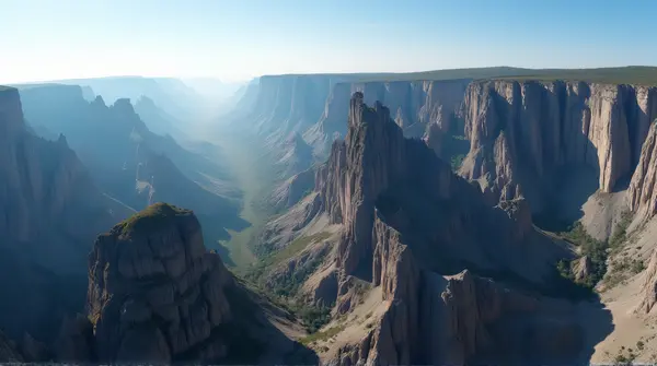 Aerial shot showing jagged stone cliffs and steep ridges with textured shadows under a clear sky