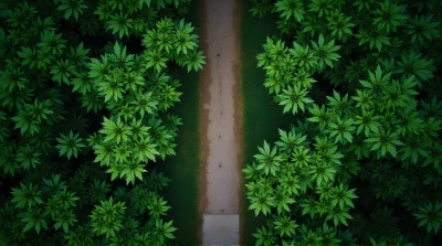 Aerial View Of Leafy Green Pathway Enclosed By Foliage