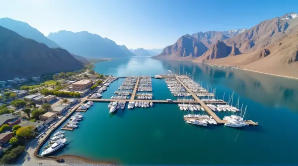 Aerial perspective of a marina with boats docked along piers in clear turquoise water beneath rugged peaks.
