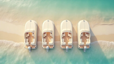 Aerial View Of Pontoon Boats On Pale Beach