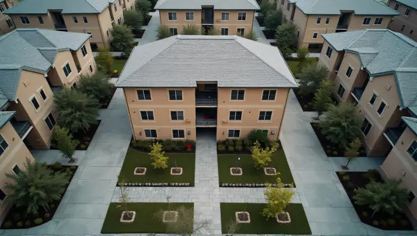 Aerial View Residential Building With Garden Beds