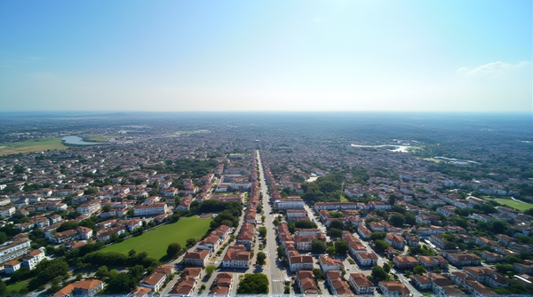 Bird’s-eye perspective showing roads, rooftops, and parks under a clear sky with an intricate neighborhood pattern