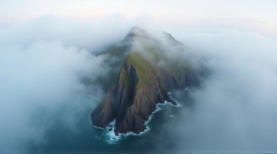 Aerial View Rugged Coastal Peak In Mist