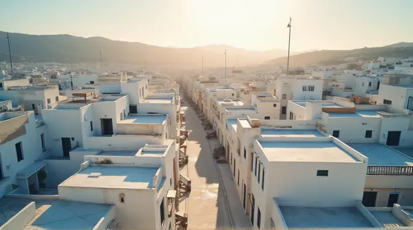 Aerial View Of Sunlit Pale Dwellings And Streets