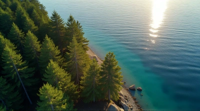 Aerial View Of Tall Pines By Rippling Water