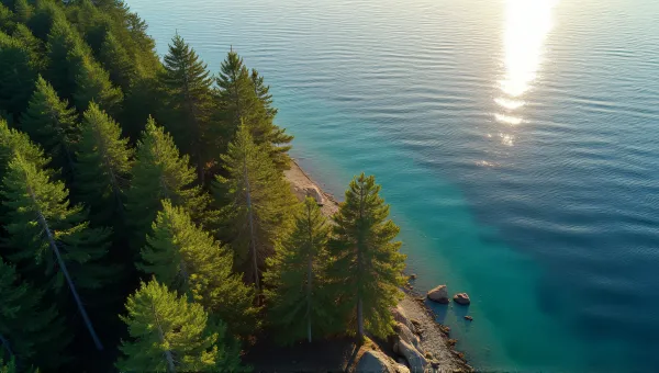 Aerial View Of Tall Pines By Rippling Water
