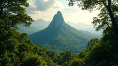 Aerial View Towering Peak Surrounded By Greenery