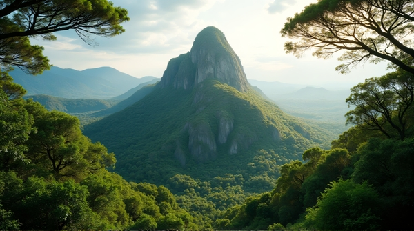 Bird’s-eye view of a tall peak encircled by lush foliage and intricate canopy patterns under soft daylight.