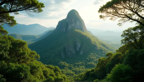 Aerial View Towering Peak Surrounded By Greenery
