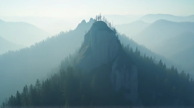 Aerial View Of Towering Rock Formation In Mist