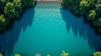 Aerial View Of Vast Cerulean Water And Dense Foliage