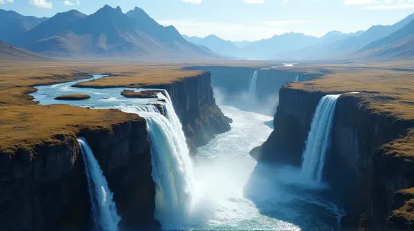 Aerial View of Waterfalls Flowing Down Steep Cliffs