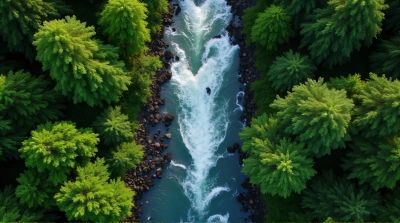 Aerial View Of Waterway Between Dense Woodland
