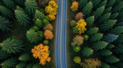 Aerial View Winding Road Through Dense Forest