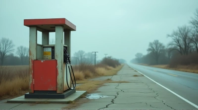 Aged Fuel Pump Near Cracked Pavement And Trees