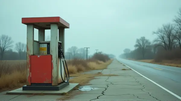 Weathered fuel dispenser by cracked pavement under cloudy sky with distant trees and empty roadside lane