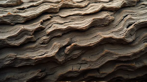 Close-up of aged tree bark showing deep grooves and fibrous ridges with detailed lighting and shadows