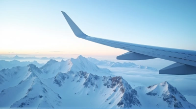 Aircraft Wing Above Snowy Peaks In Clear Sky