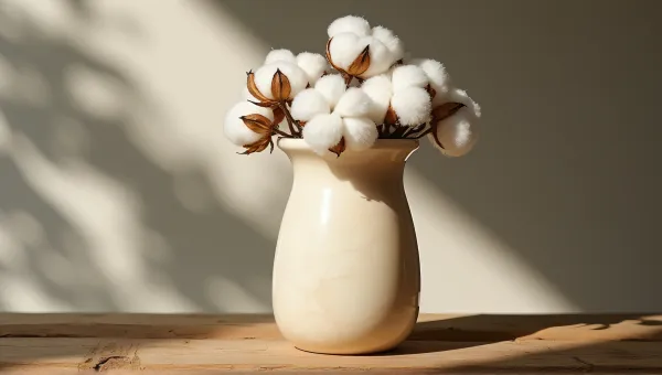 Alabaster Vessel Filled With Cotton Bolls On Wood