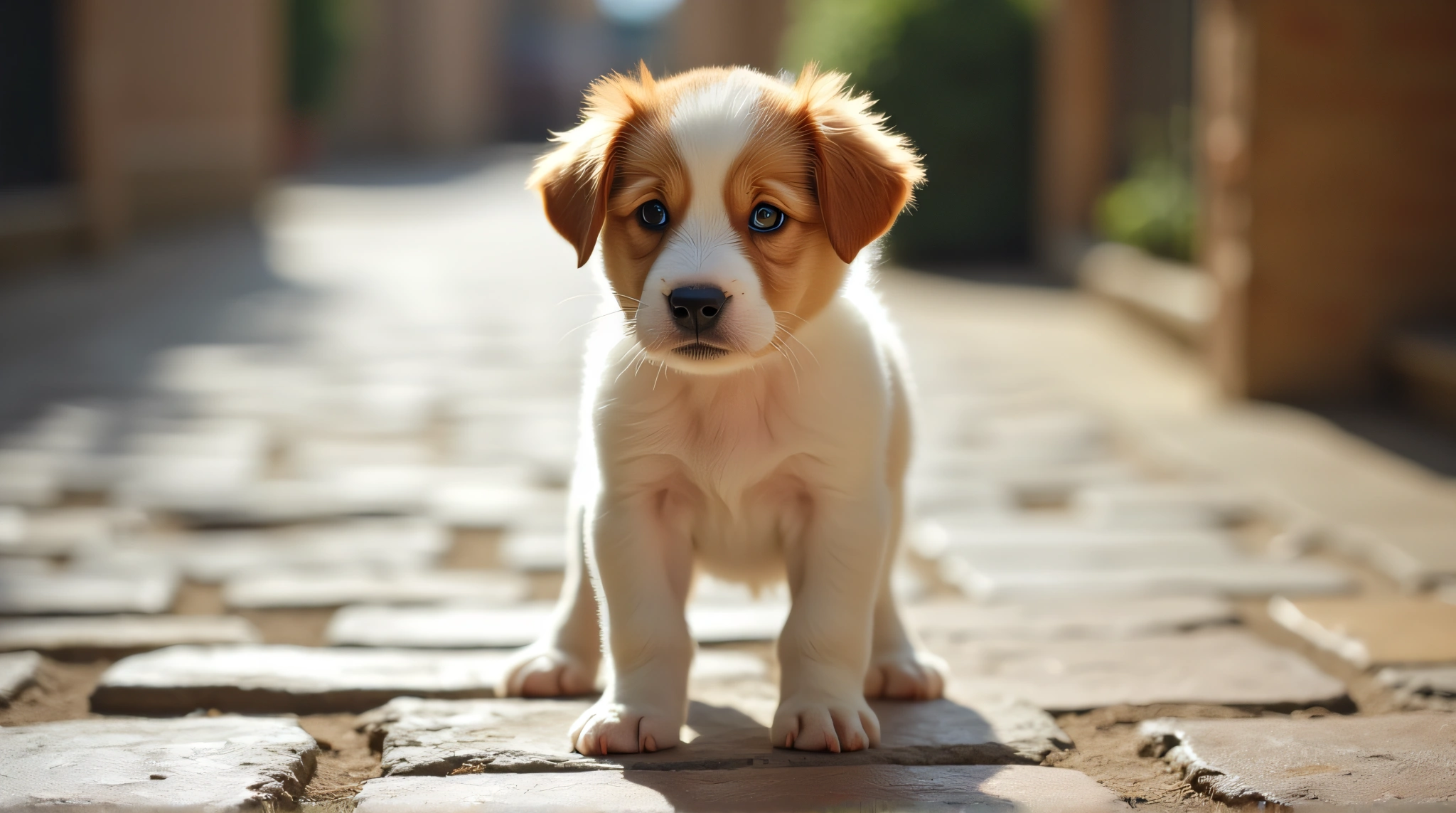 Alert Cream Chestnut Puppy On Stone Pathway