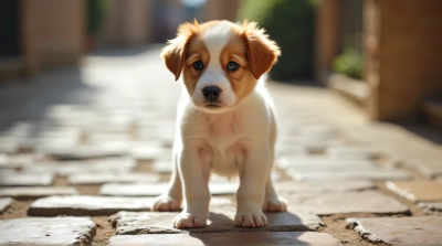 Alert Cream Chestnut Puppy On Stone Pathway