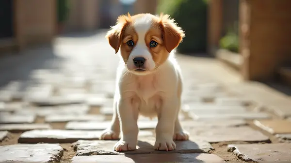 Alert Cream Chestnut Puppy On Stone Pathway