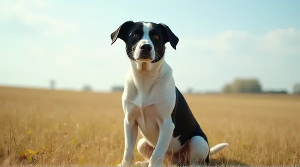 Alert Dog Posing On Green Meadow Under Clear Sky