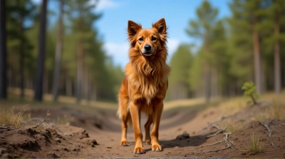 Alert Long-Haired Russet Dog In Pine Forest