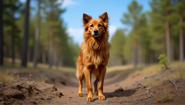 Alert Long-Haired Russet Dog In Pine Forest