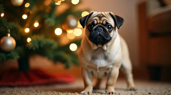 Alert Pug Standing Beside Glowing Pine Tree