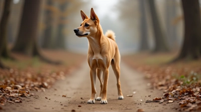 Alert Tan Dog Standing On Dirt Path Morning Light