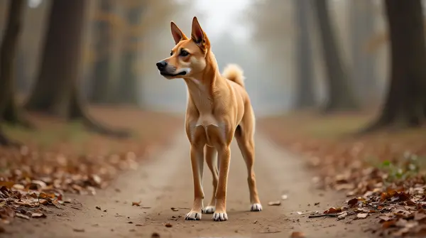 Short-haired tan dog stands alert on a dirt path with leaves and soft morning light.