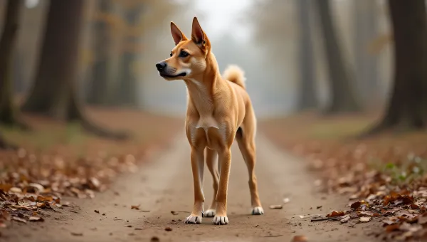 Alert Tan Dog Standing On Dirt Path Morning Light
