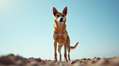 Alert Tan Dog Standing On Rocky Terrain Sky