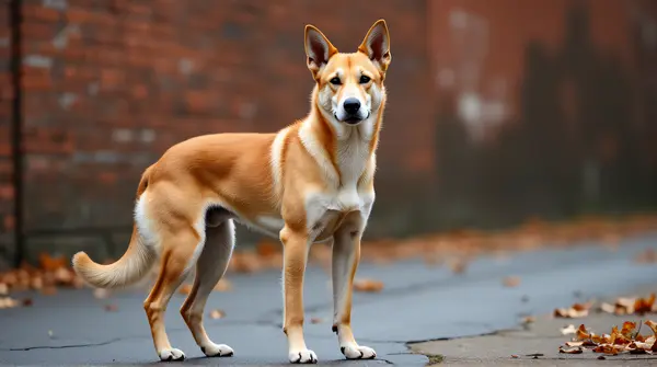 Alert Tawny Dog On Rustic Pavement With Leaves