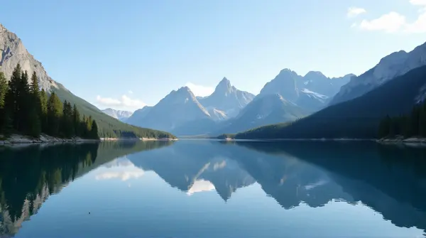 Wide-angle view of a calm alpine reservoir mirroring jagged peaks and pine trees beneath a clear blue sky.
