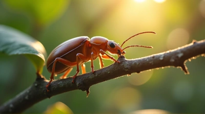 Amber Beetle On Textured Branch With Sunlight