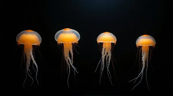 Four translucent amber-colored cnidarians with trailing tentacles on a dark background in diagonal arrangement