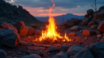 Amber Flames Flickering Over Cracked Earth At Twilight
