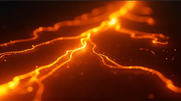 Close-up of glowing amber streaks flowing smoothly against a dark background