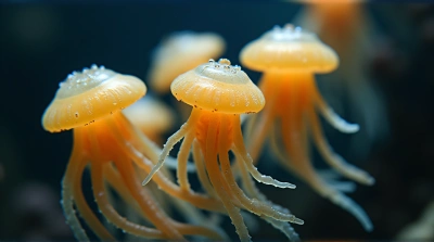 Amber Jellyfish With Long Tentacles Close-Up