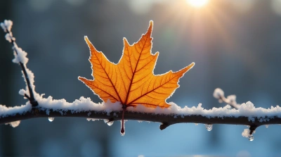 Amber Leaf On Frosted Branch In Soft Light