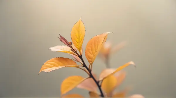 Single plant with amber leaves illuminated by side light against a blurred neutral backdrop