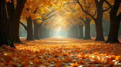 Amber Leaves Scattered Under Sunlit Tree Canopy