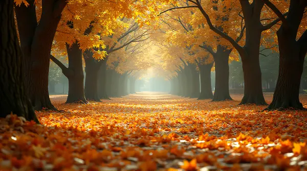 Amber leaves scattered on the ground beneath trees with sunlight casting dappled shadows through branches.