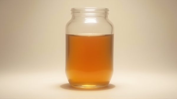 Cylindrical jar filled with amber liquid on a neutral background illuminated by soft light.