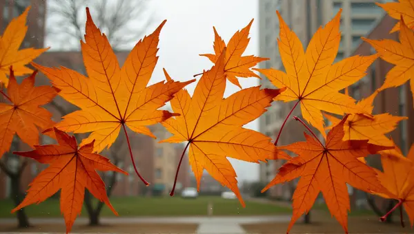 Amber Maple Leaves On Urban Window Pane