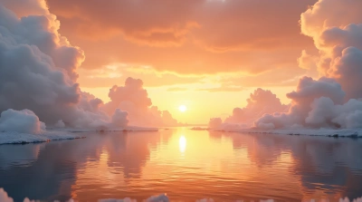 Amber Sky Over Lake With Shore Silhouettes